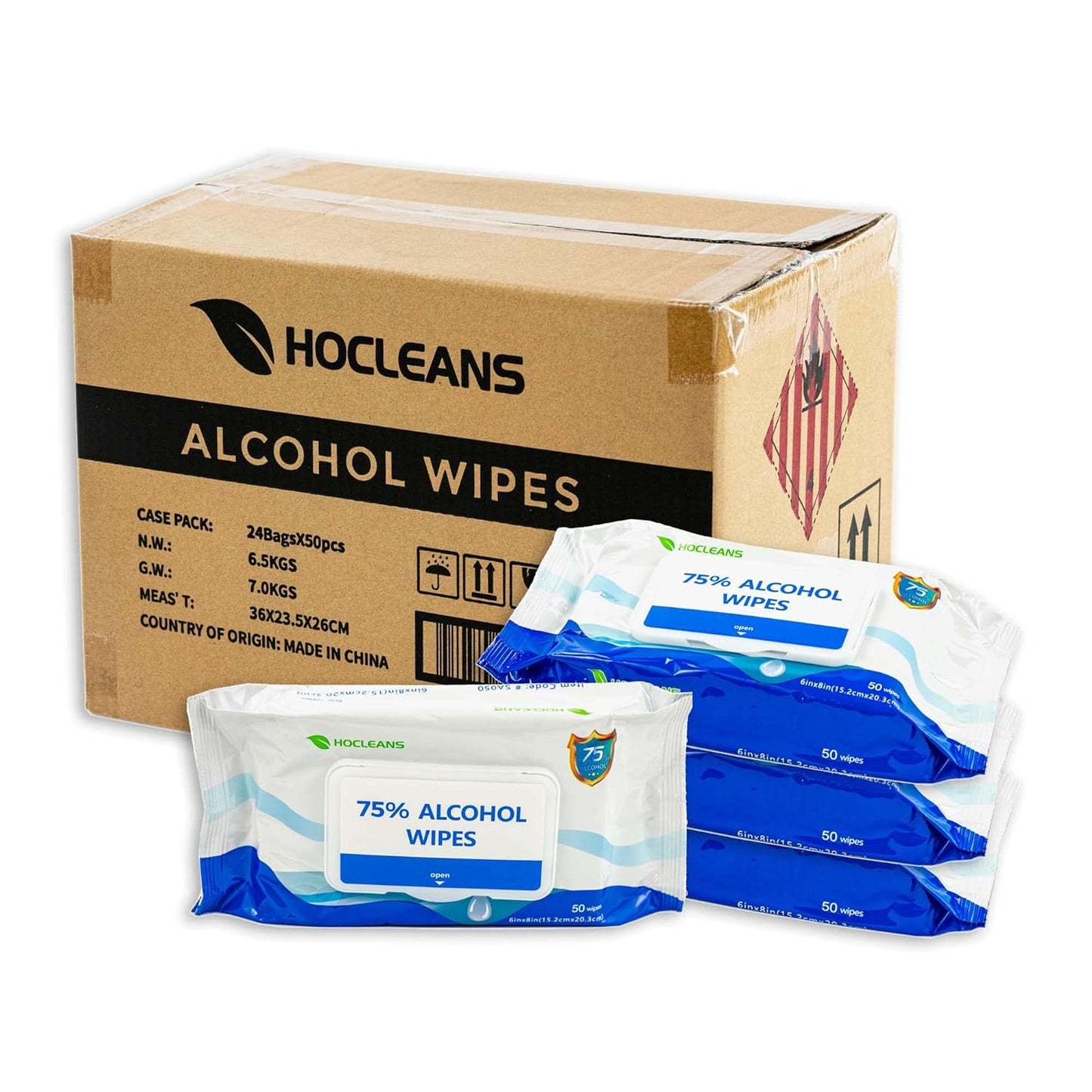 Hocleans 75% Alcohol Wipes, 50 count, 24 packs of 50 (1200 Wipes)