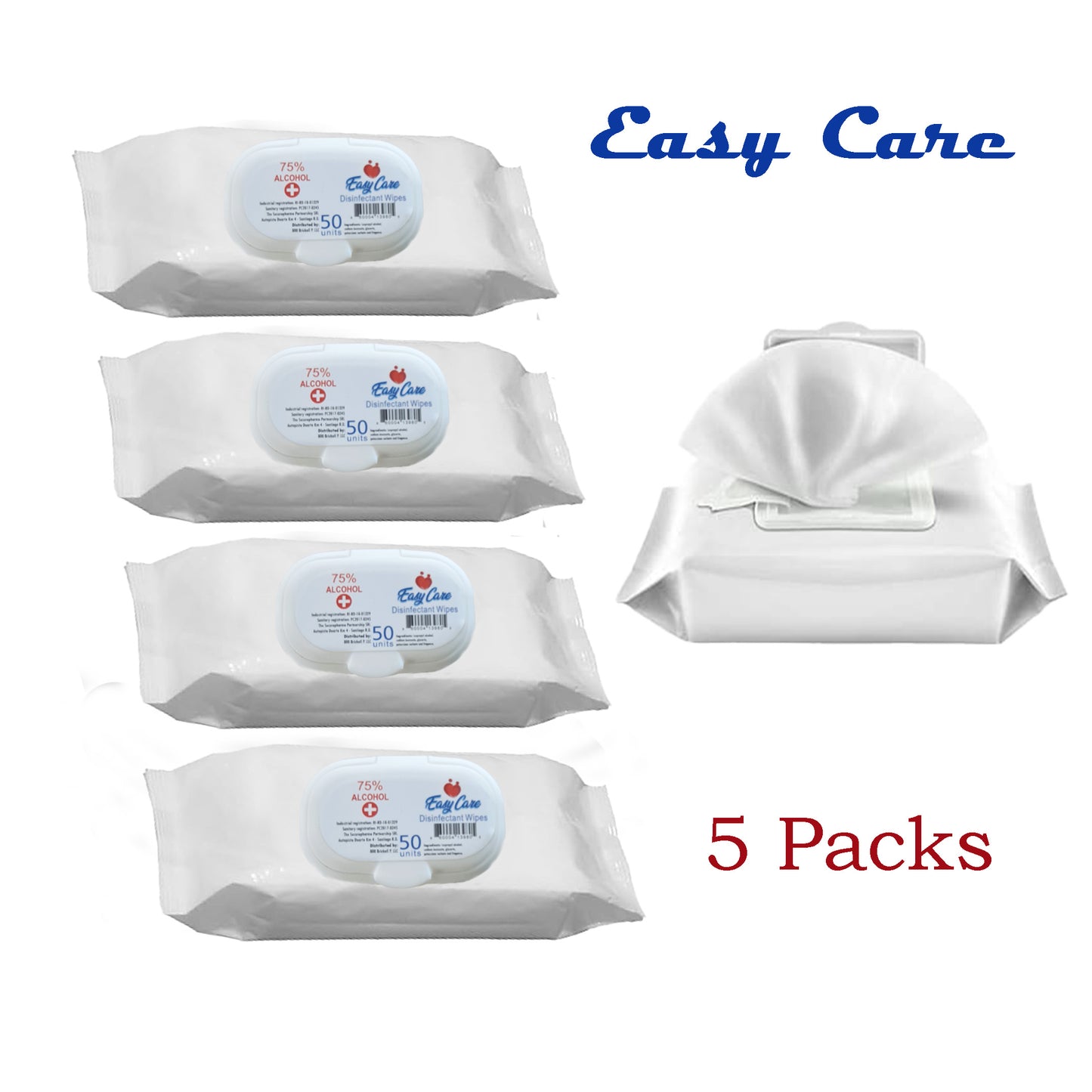 Easy Care - 75% Alcohol Wipes, 50 count, 5 packs of 50 (250 Wipes)